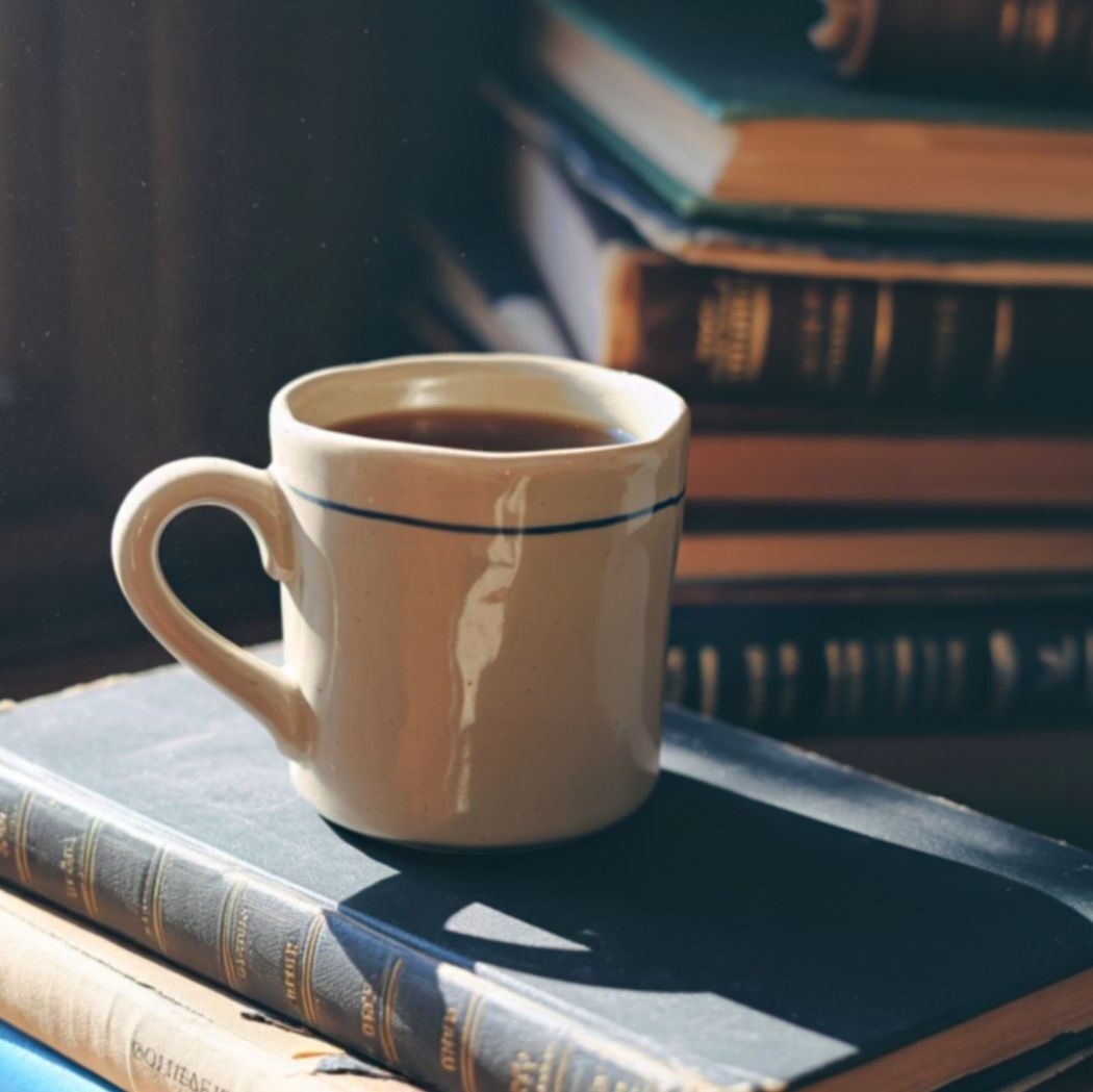 A hot mug of coffee sits atop a pile of antique books