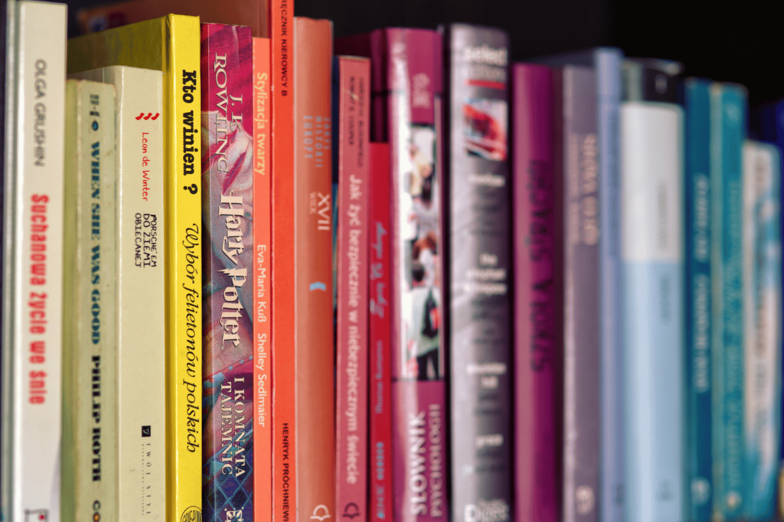 A stack of books lined up on a library shelf in a variety of colors