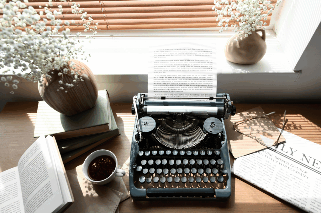 Looking down on an old fashioned typewriter on a desk, surrounded by plants, coffee, glasses, and a newspaper