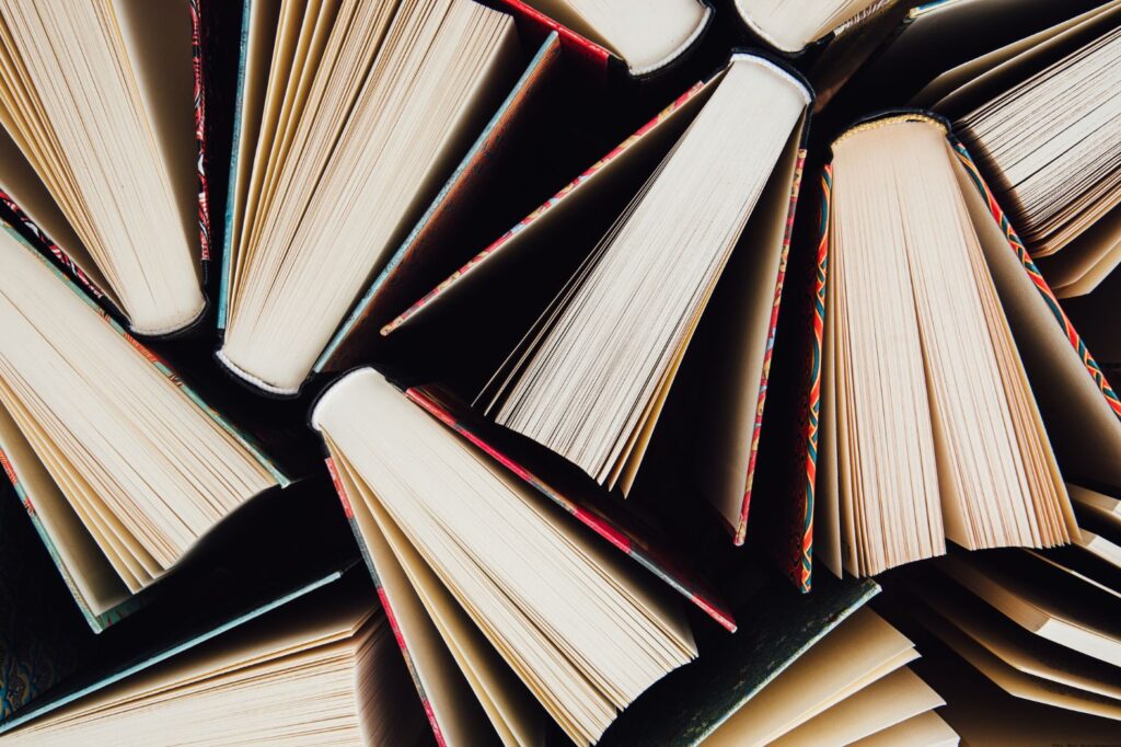 Downward view of a handful of books