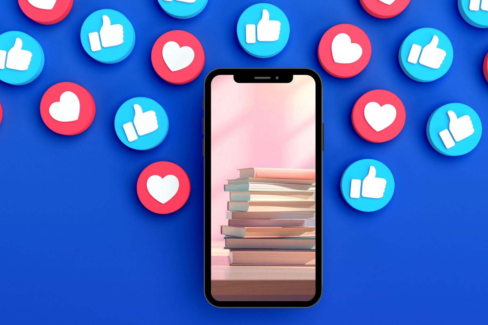 Phone featuring books is surrounding by social media like/love icons